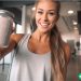 A fitness influencer holding up a protein shake for the camera for a sponsored ad.