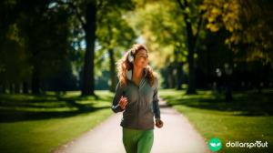 A woman walking through Central Park with headphones on and a smile on her face.