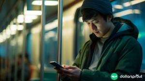 An Asian man on the subway watching videos on his phone.
