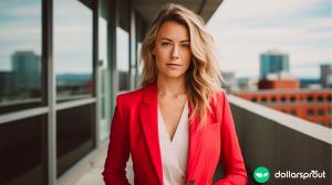An attractive woman wearing a bright red blazer standing on a balcony in a high-rise building.