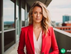 An attractive woman wearing a bright red blazer standing on a balcony in a high-rise building.
