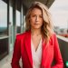 An attractive woman wearing a bright red blazer standing on a balcony in a high-rise building.