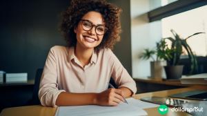A woman with glasses on a vibrant smile and a pen in her hand.