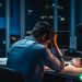 An overworked man sitting at his cubicle in the dark with his head in his hands.