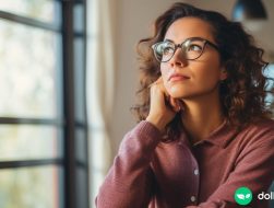 A woman wearing glasses and looking up and away, wondering how many bank accounts she should have.