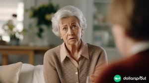 An aging mother with a distressed look on her face as she sits on the couch.