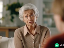 An aging mother with a distressed look on her face as she sits on the couch.