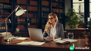 A blogger sitting at her a desk in a library surrounded by legal texts.