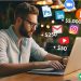 A man feverishly working on his laptop. There are several icons popping over the image, including Etsy, Instagram, Youtube, and more. There are also dollar signs.