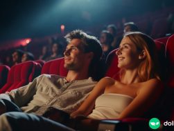 A young couple sitting in a movie theater and looking at the screen.