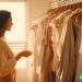 A woman looking at a rack of clothing in her overstuffed closet.