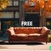 An orange brown couch sitting on a sidewalk with the word FREE floating above it.