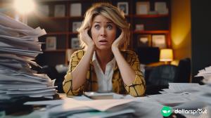 A middle aged woman sitting at her desk with her hands on her head, surrounded by an overwhelming amount of bills and debt.