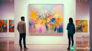 A man and woman looking at a piece of art in a fine art gallery.