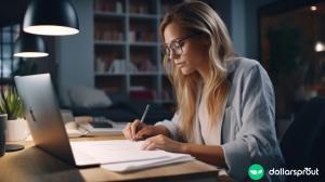 A woman working on her resume at home in her dimly lit office.