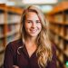 A college female in a library smiling at the camera.