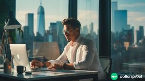 A successful looking man in a New York City high rise, working on his laptop in his office. He is laser focused on his work.