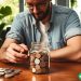 A man stacking up coins to put into a savings jar.
