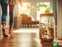 A dramatic shot of a large jar with coins, with a woman walking past it. The jar represents the idea of saving money.