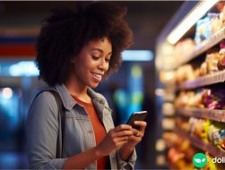 A woman at the grocery store that is looking at an app on her phone that gives her deals on her groceries.
