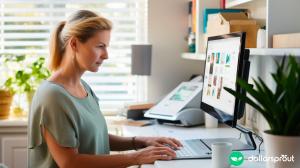 A woman working on creating an ebook on her desktop home computer in a well lit office.