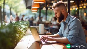 A man sitting at an outdoor cafe working on his Wordpress website.