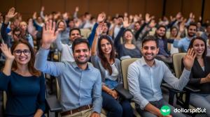 A large group of employees at a new employee orientation. They are all raising their hands.
