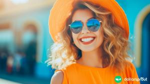 A woman with a bright outfit and sunglasses on with a big smile on her face.