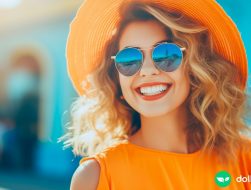 A woman with a bright outfit and sunglasses on with a big smile on her face.