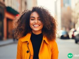 A woman on a city street that is dressed nicely and smiling at the camera.