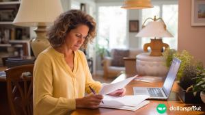 A woman in her forties working from home as a freelance proofreader.