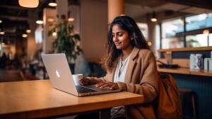 An Indian woman working on her laptop in a public place.