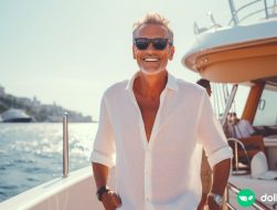 A wealthy older man standing on his yacht in an exotic location with a smile on his face.