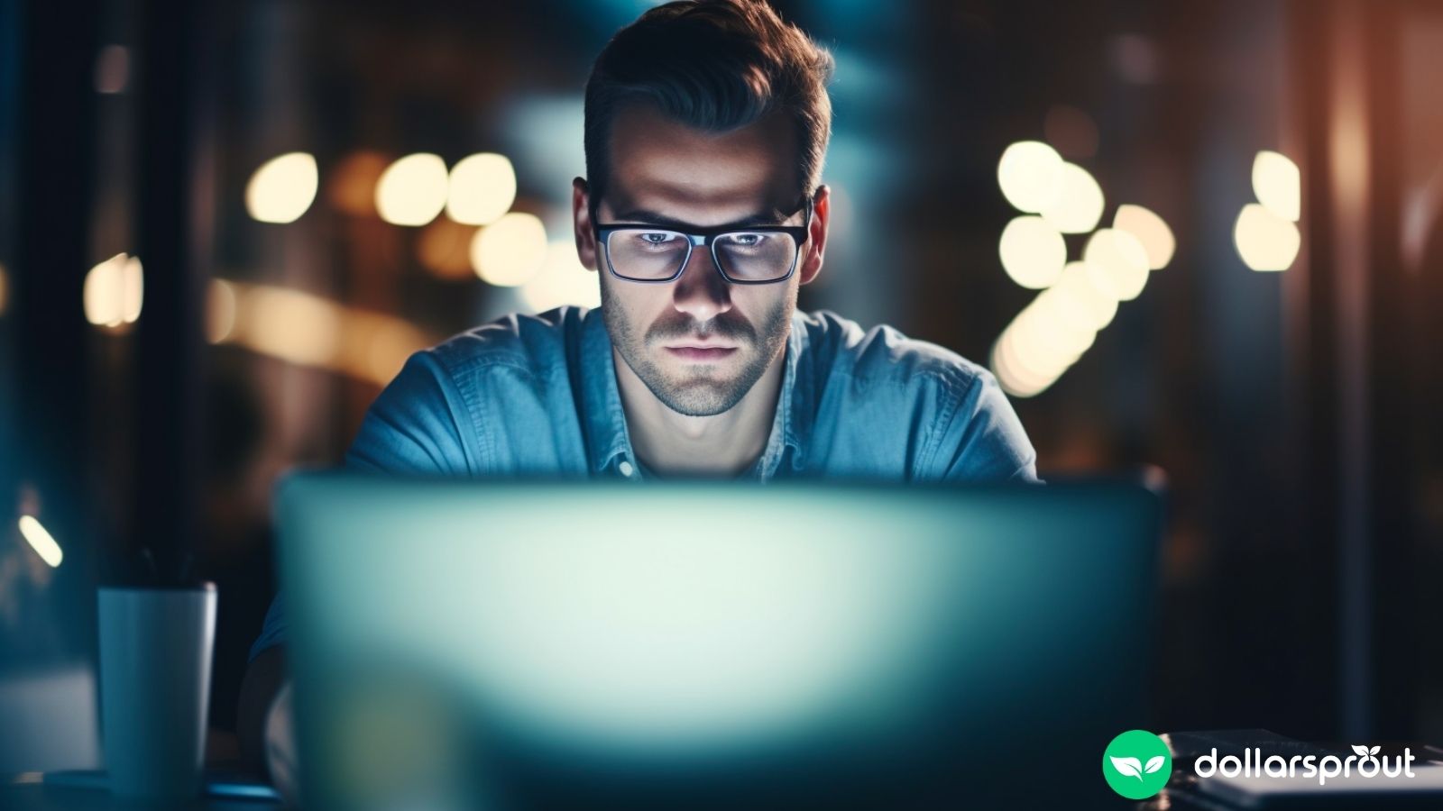 A man with glasses browsing through different online business ideas on his laptop.