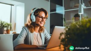 A woman working a chat job on her laptop with a smile on her face.