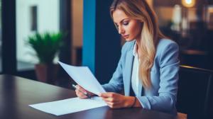 A professionally dressed woman that is reviewing her cover letter.