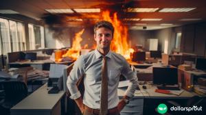 A fictitious picture of a man in a tie standing in front of cubicles that are on fire. He has a smirk on his face.