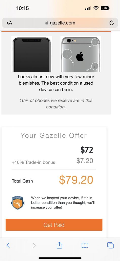 offer I received for the device I sent to gazelle