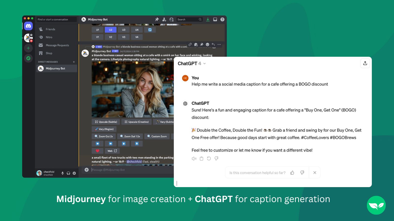 2 screenshots, one is showing Midjourney and the other is showing ChatGPT
