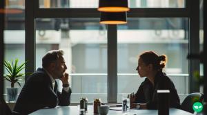 An employee and their boss at a meeting, sitting across from eachother at the table.