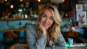 A woman sitting in a cafe looking and smiling at the camera.
