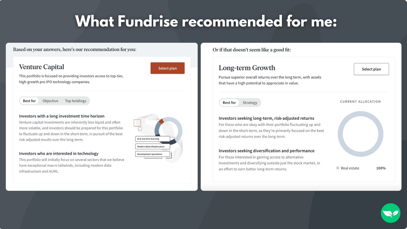 A screenshot showing what Fundrise recommended for me.