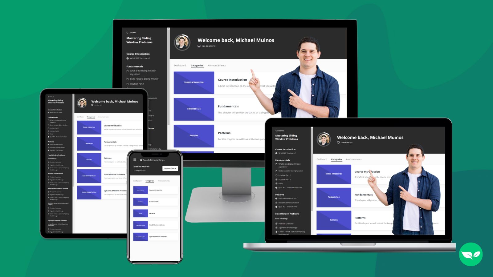 A mockup showing Michael's platform on various devices.