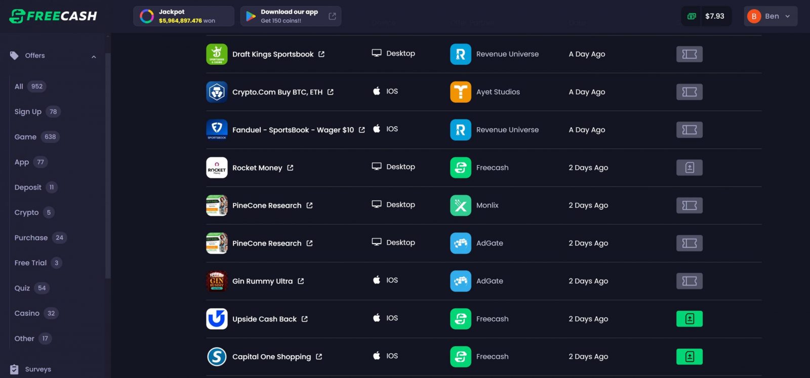 our completed offers on freecash during our testing period