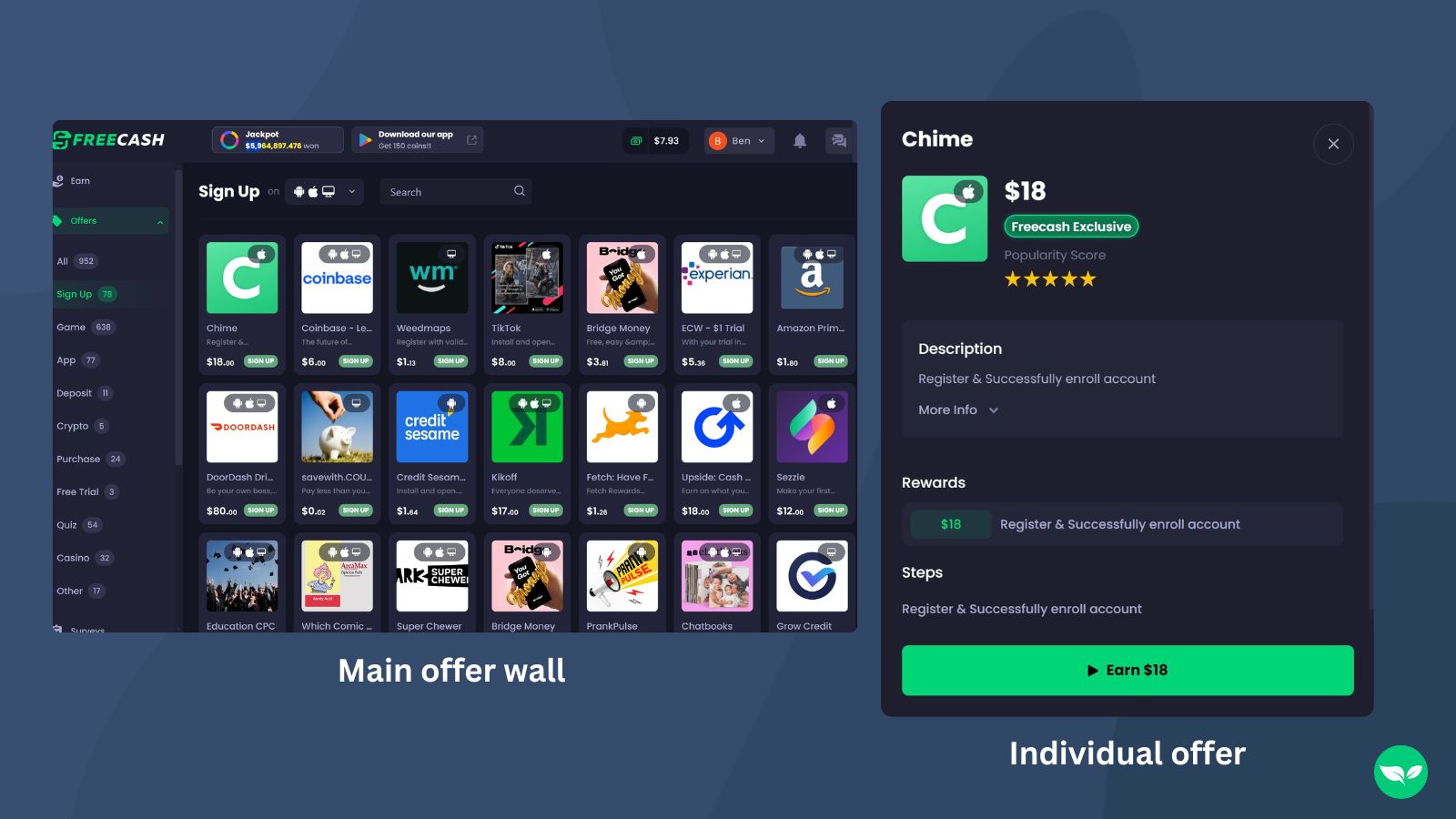 freecash offerwall with expanded individual offer