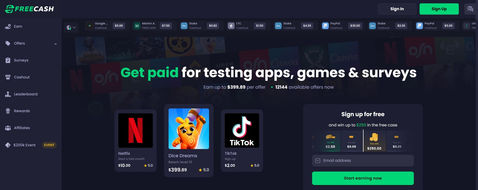 freecash homepage preview