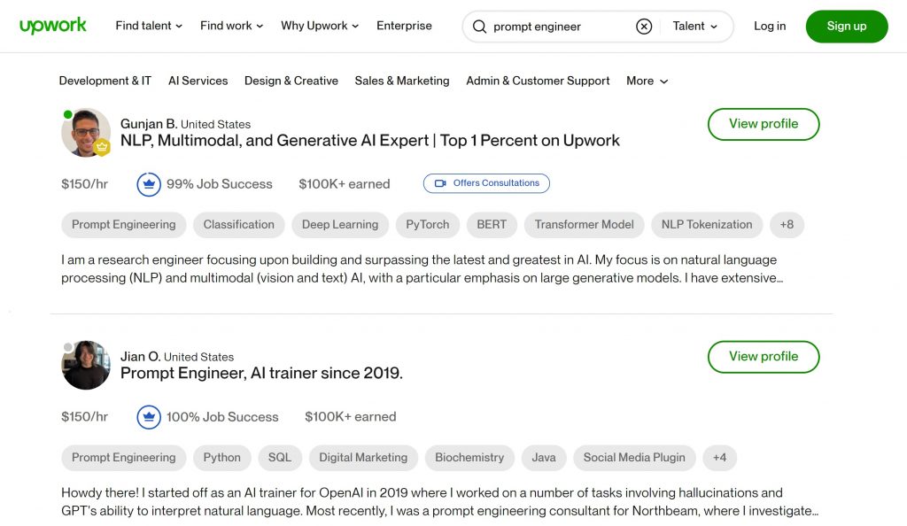 prompt engineers found on upwork