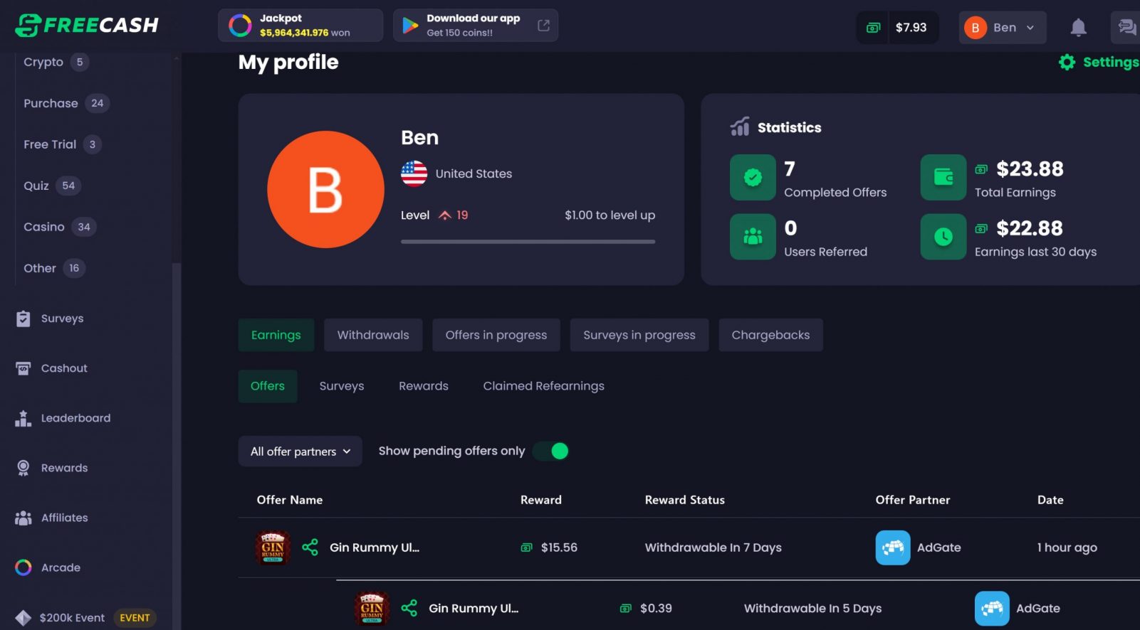 my freecash earnings