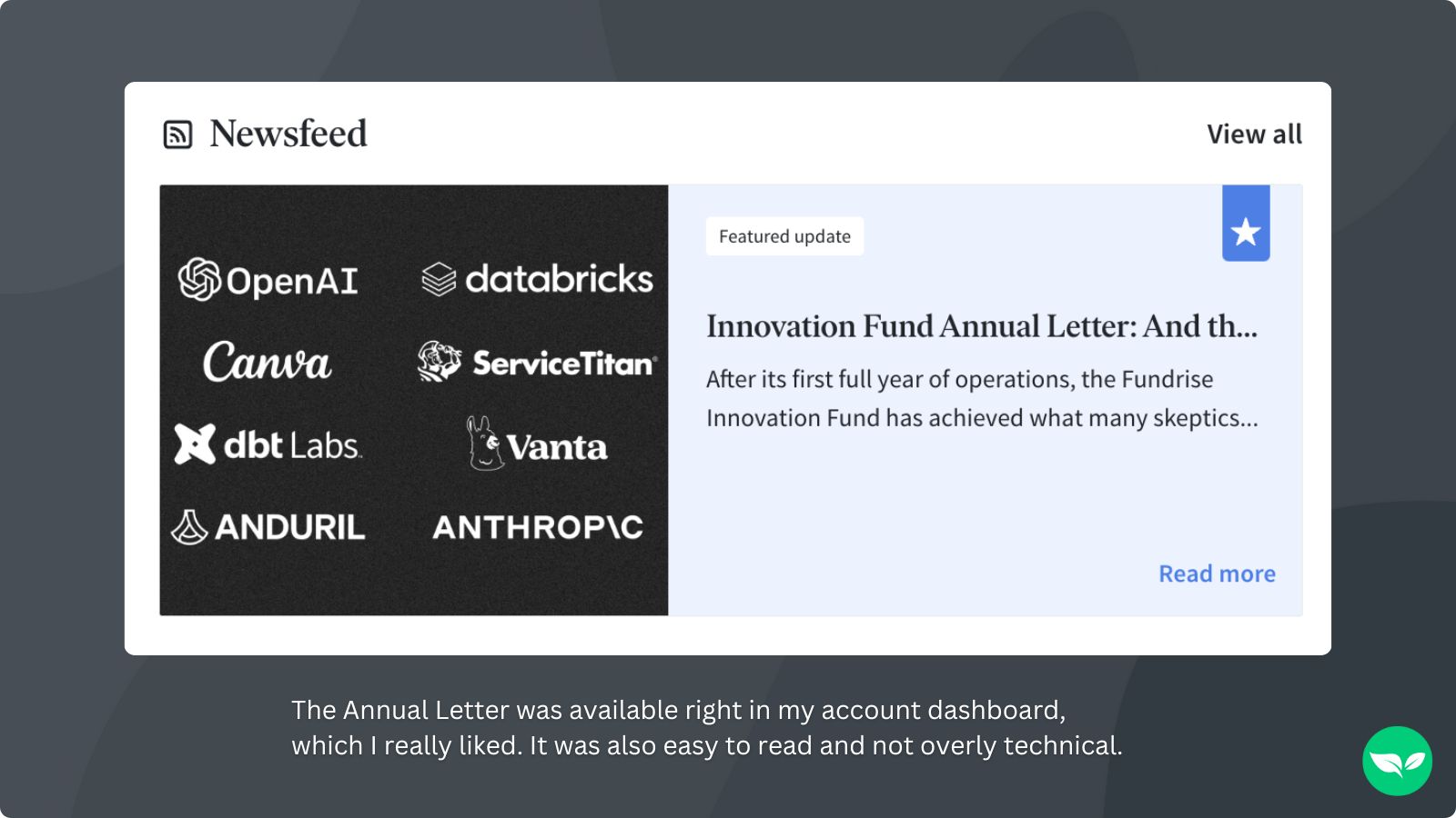 A newsfeed on my account dashboard that has a link to the Annual Letter to investors