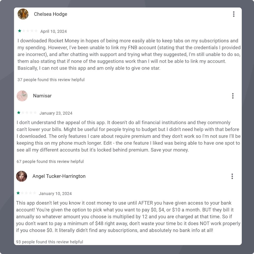 negative third party user reviews of rocket money